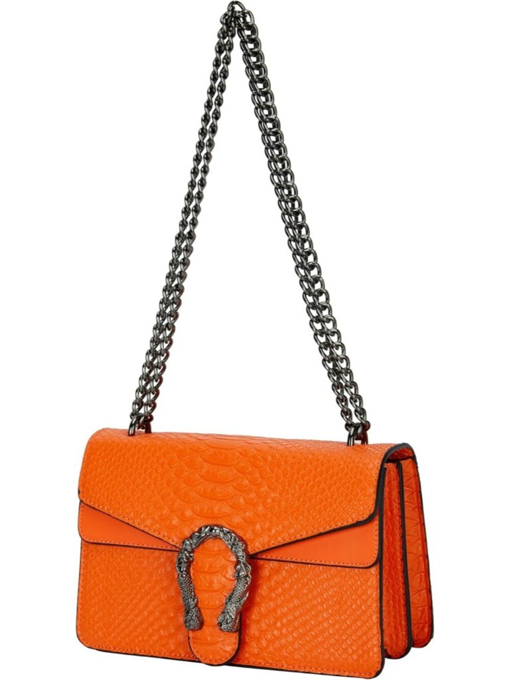 Women's A Orange Leather Snake Print Vintage Purse Chain Crossbody Bag